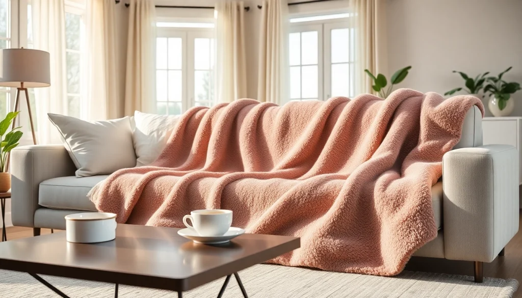 Fleece deken comfortabel over een bank in een lichte woonkamer geïllustreerd.