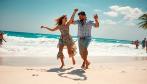 Couple gracefully showcasing the Carolina Dance on a sunlit beach, displaying joy and rhythm.