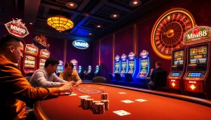 Experience the thrill of MM88 as players engage at an enticing poker table in a vibrant casino scene.