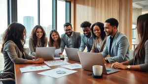 Collaborative team discussing small business jobs in a bright office environment.