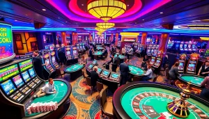 Casino gaming scene featuring KJC brand elements, showcasing vibrant tables and exciting players.