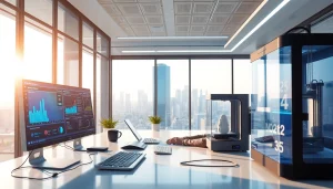 Technology workspace featuring innovative devices and a professional atmosphere for productivity.