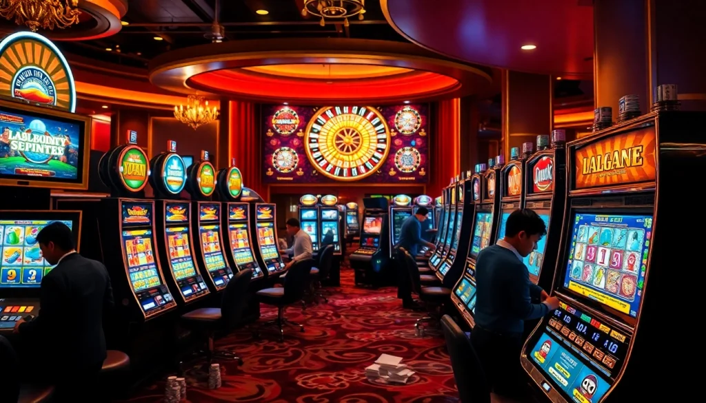 Experience the thrill of winning at Slot Terpercaya with vibrant slot machines and excited players.