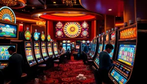 Experience the thrill of winning at Slot Terpercaya with vibrant slot machines and excited players.