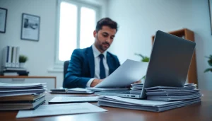 Professional translator performing traduzione giurata in a calm office setting.