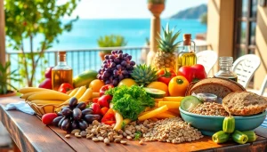 Showcasing the Mediterranean diet with fresh fruits and vegetables on a rustic table.