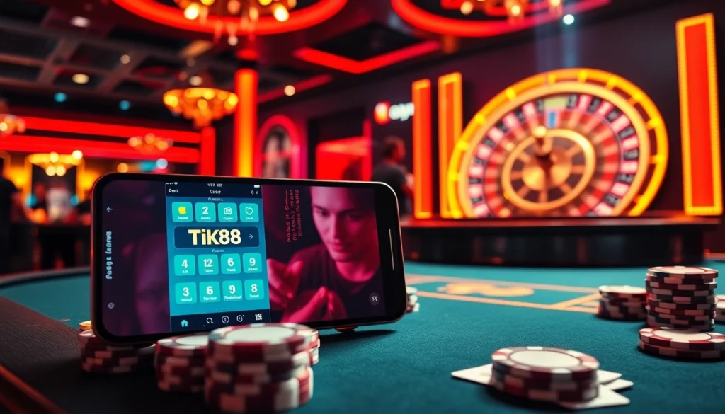 Trải nghiệm lối chơi đầy kịch tính với tik88, nổi bật cảnh casino sang trọng với poker và roulette.