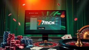 Experience 7mcn's engaging online gambling platform surrounded by vibrant casino elements.