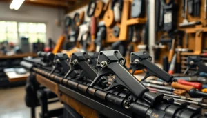 Explore AR 10 trigger features and designs in a meticulously organized workshop setting.