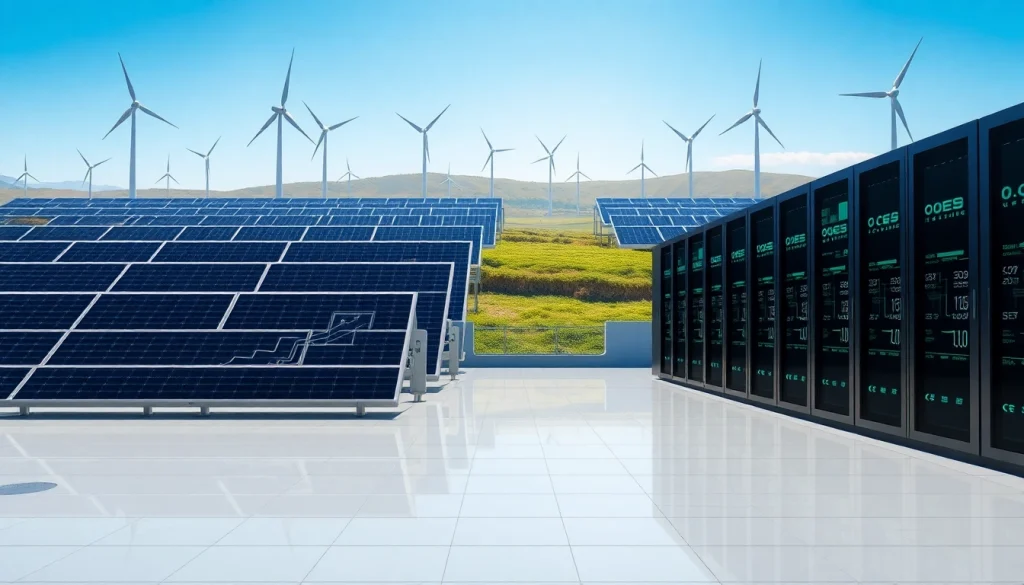 Visual representation of free cloud mining facility with renewable energy sources.