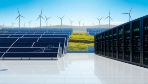 Visual representation of free cloud mining facility with renewable energy sources.