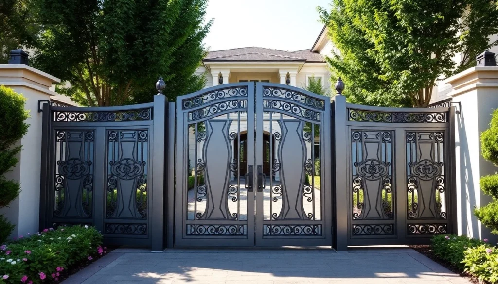 Custom steel gates standing elegantly amidst a beautifully landscaped entrance, showcasing security and style.
