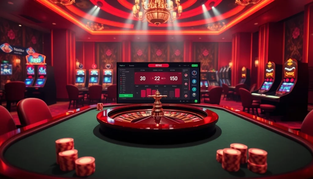 Engaging gamblers at RR88 with a luxury online casino scene featuring a poker table and roulette wheel.