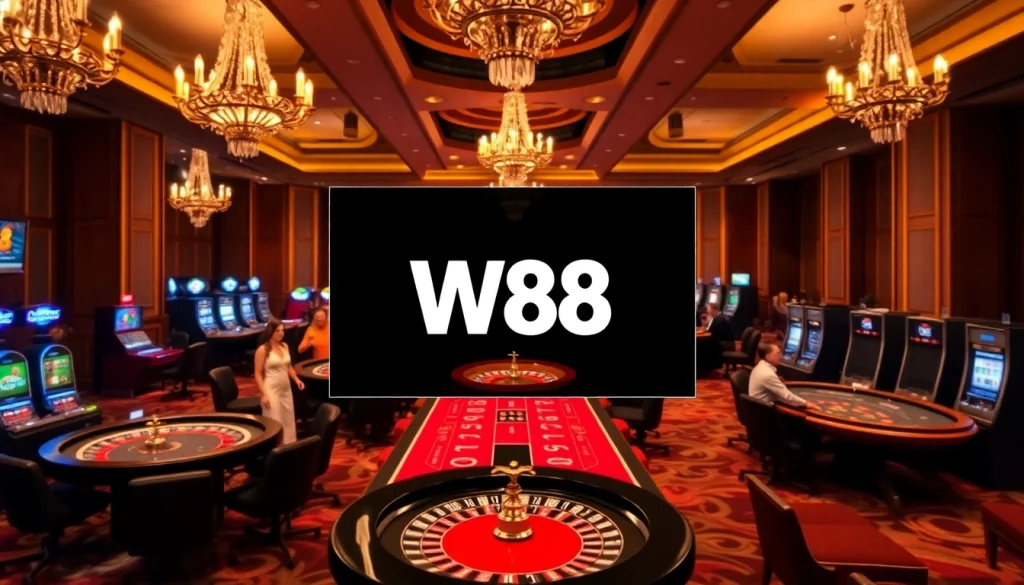 Cảnh sòng bạc trực tuyến W88 với người chơi tham gia tại bàn roulette và poker.