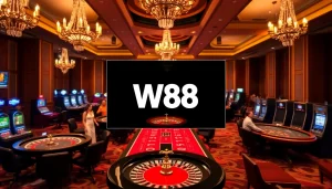 Cảnh sòng bạc trực tuyến W88 với người chơi tham gia tại bàn roulette và poker.