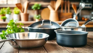 Showcase of cookware including stainless steel, cast iron, and nonstick on a rustic kitchen table.