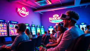 Kode4d gaming scene showcasing excited players engaging with vibrant slot games in a modern digital space.