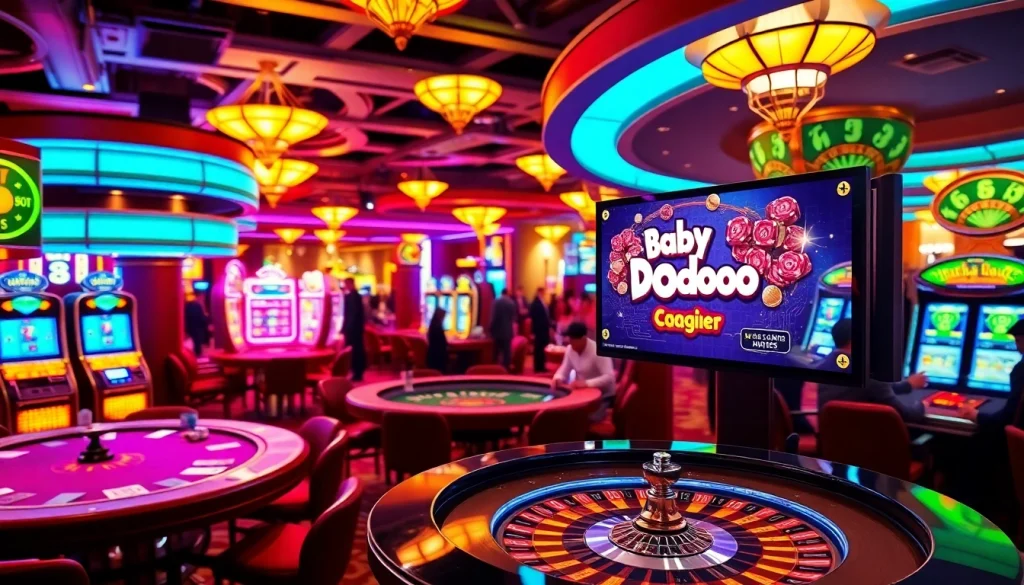 Baby Dodoo game showcased in a luxurious casino setting with colorful slots and tables.