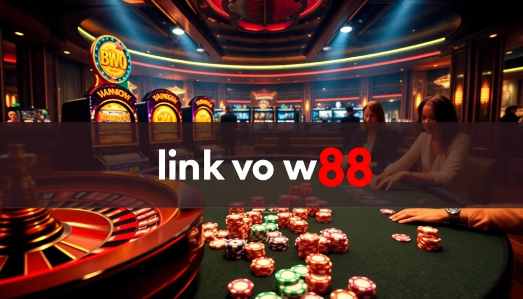 An engaging casino scene showcasing players interacting with a luxurious gambling interface, highlighting link vao w88 and the thrill of winning.