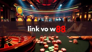 An engaging casino scene showcasing players interacting with a luxurious gambling interface, highlighting link vao w88 and the thrill of winning.
