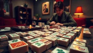 Menggambarkan permainan demo mahjong yang menarik dengan fokus pada pemain dan ubin yang indah.