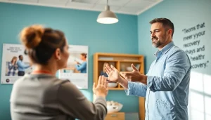 Engaging scene of physical therapy marketing showcasing a therapist and patient interaction in a modern clinic setting.