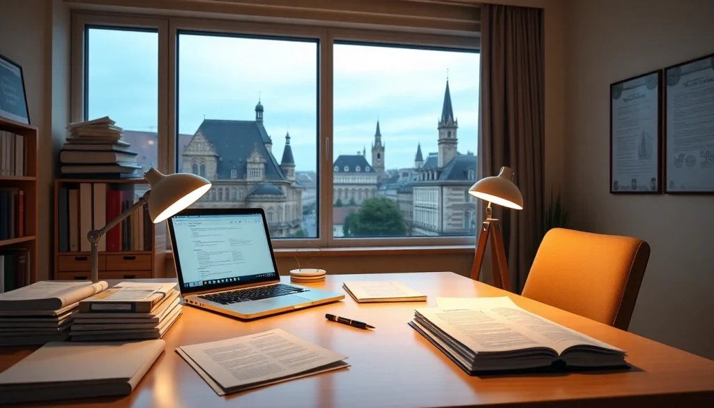 Espace de travail professionnel d'un traducteur assermenté à Strasbourg, équipé d'outils de traduction et d'une vue sur la ville historique.