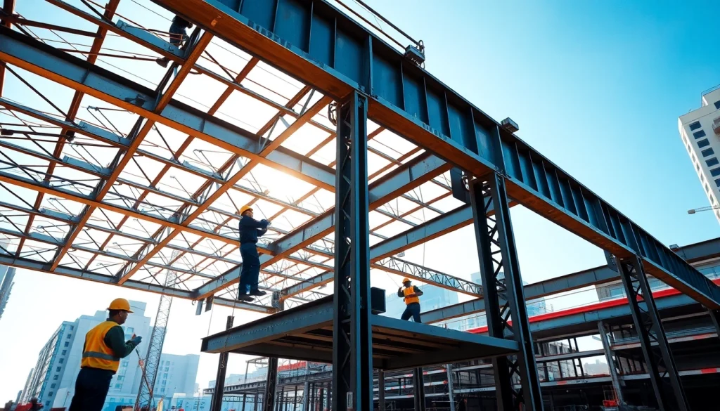 Workers engaging in structural steel construction, showcasing the assembly of steel beams at a vibrant job site.