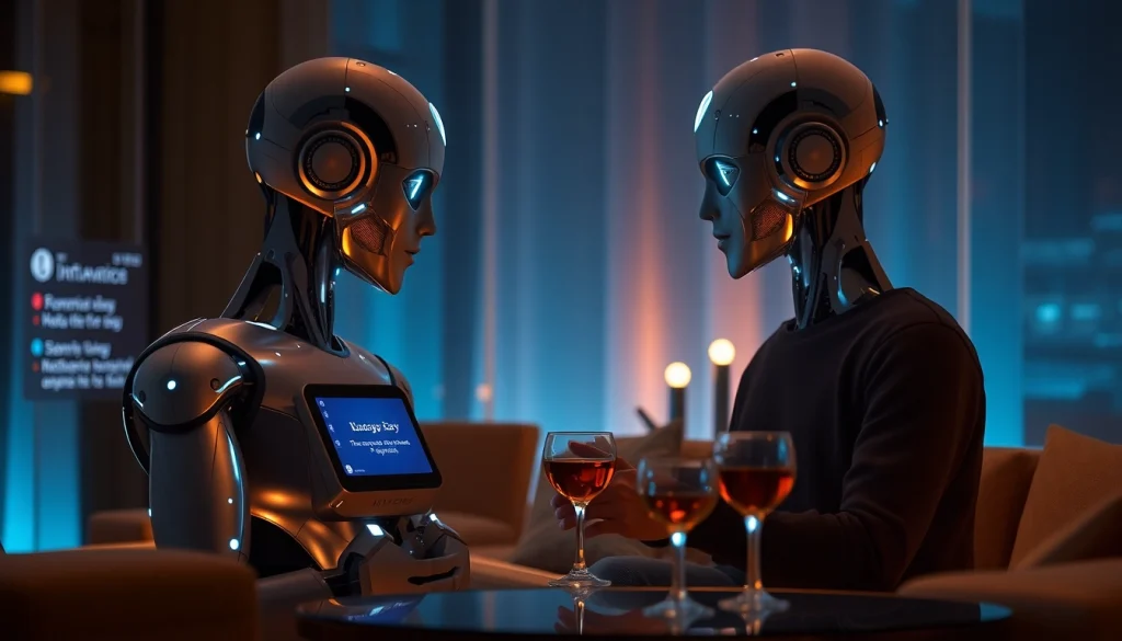 AI sex conversation between a humanoid robot and a user in a cozy lounge.