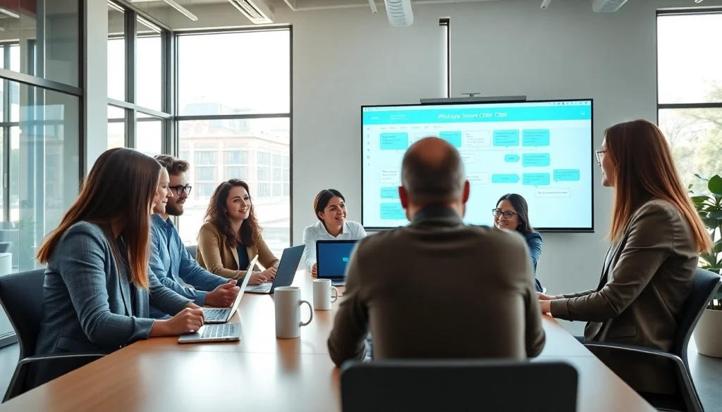 Enhance business success with WhatsApp Smart CRM teamwork strategies in a modern office.