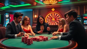 Enjoying a game at the casino featuring link 188bet amidst poker chips and cards.