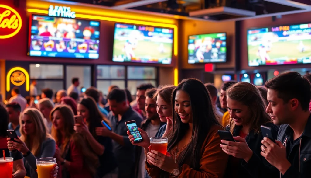 Engaging scene depicting California sports betting with diverse patrons analyzing games and cheering.