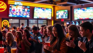Engaging scene depicting California sports betting with diverse patrons analyzing games and cheering.