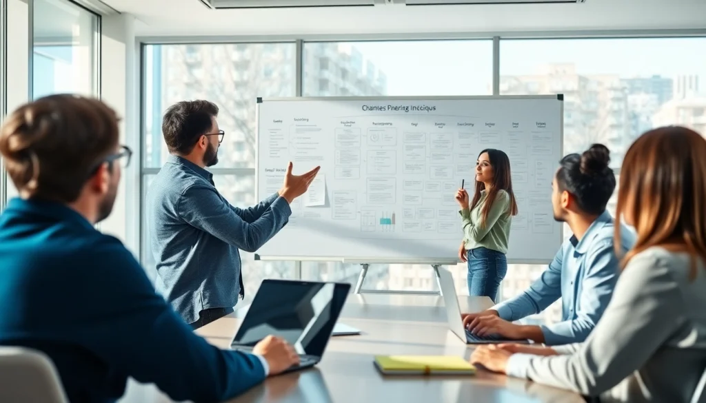 Engaging business coaching service session with professionals in a bright conference room.