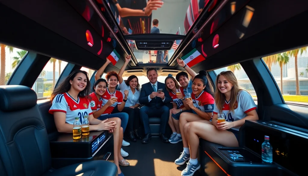 World Cup Group Transportation in a luxurious limousine, with excited fans inside, heading to the 2026 FIFA World Cup in Los Angeles.