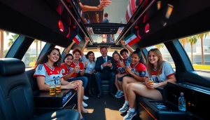 World Cup Group Transportation in a luxurious limousine, with excited fans inside, heading to the 2026 FIFA World Cup in Los Angeles.