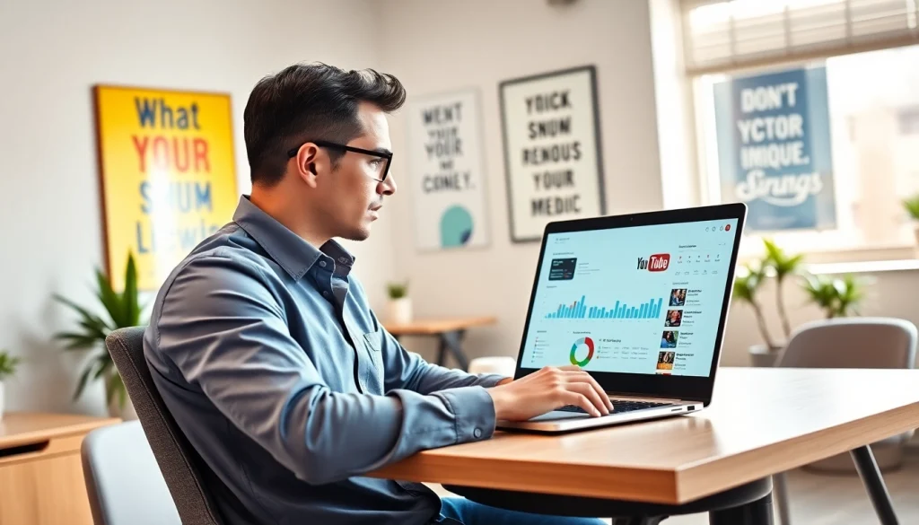 Expert analyzing youtube smm panel data on a laptop in a modern office