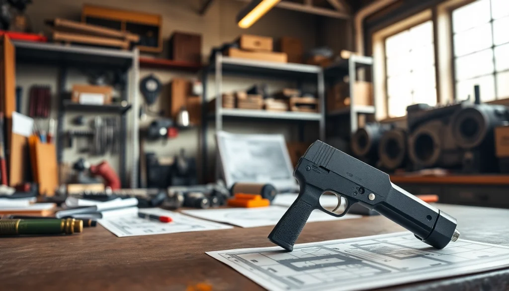 Showcase the ar 10 trigger in a modern workshop, emphasizing its craftsmanship and precision.