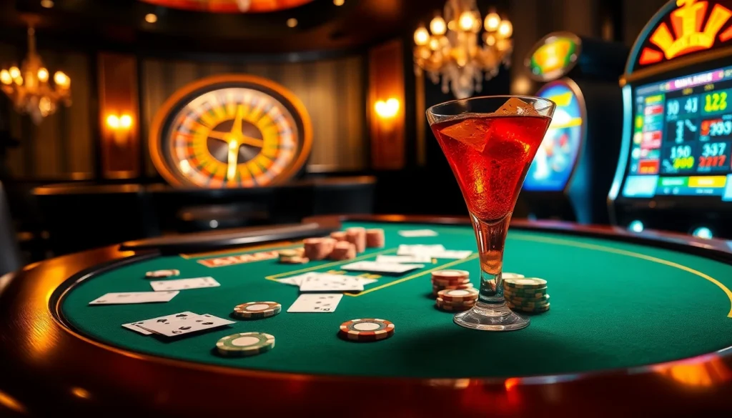 Engaging casino scene featuring a luxurious poker table, slot machine, and roulette wheel, showcasing https://kingarthurcafe.com/menu.