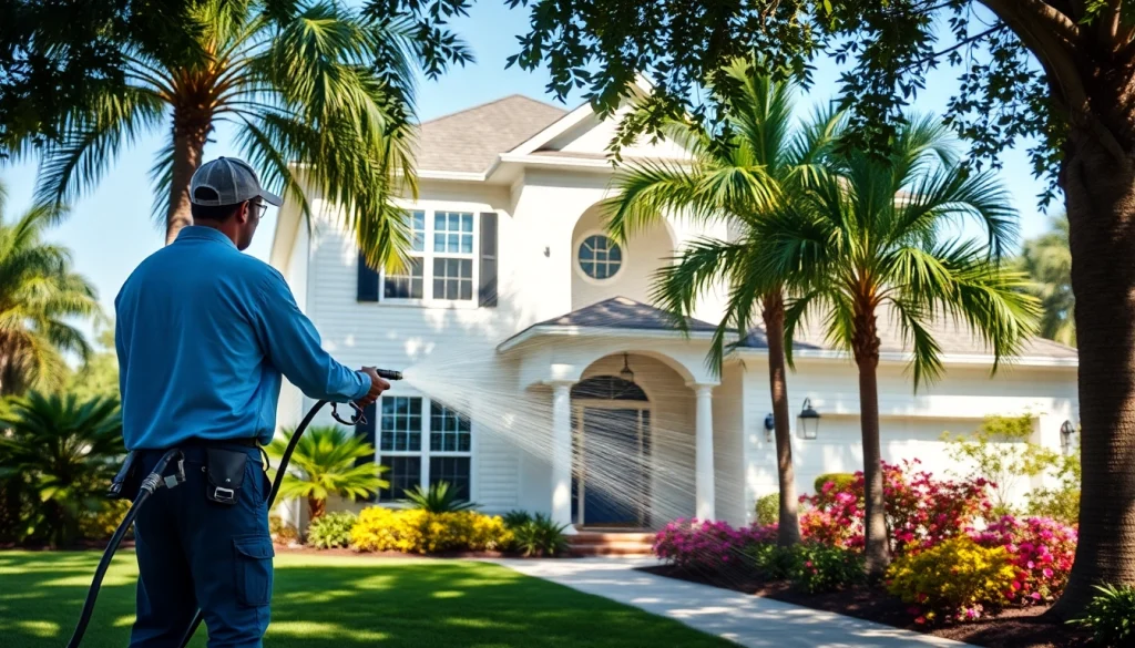 Soft wash technician cleaning a house exterior in Kissimmee, FL, showcasing eco-friendly pressure washing.