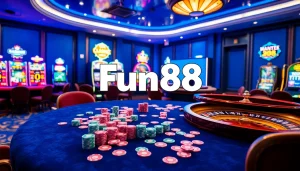 Experience the thrill of gambling at Fun88 link with a vibrant casino scene highlighting poker and roulette.