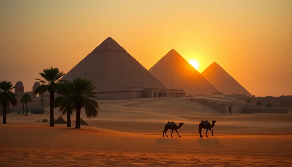 Discover piraminds rising against a sunset backdrop, enhancing their timeless grandeur.