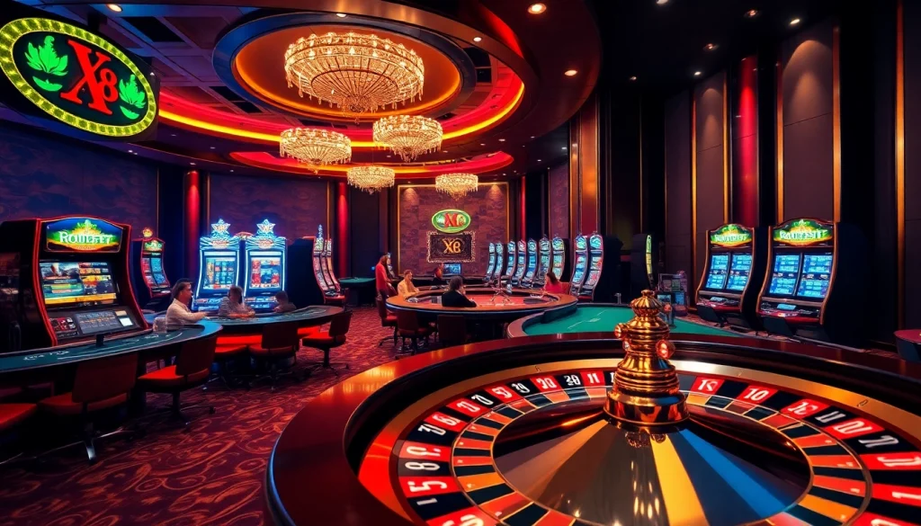 Players enjoying games at XX88 casino with vibrant slot machines and a roulette wheel in a luxurious setting.