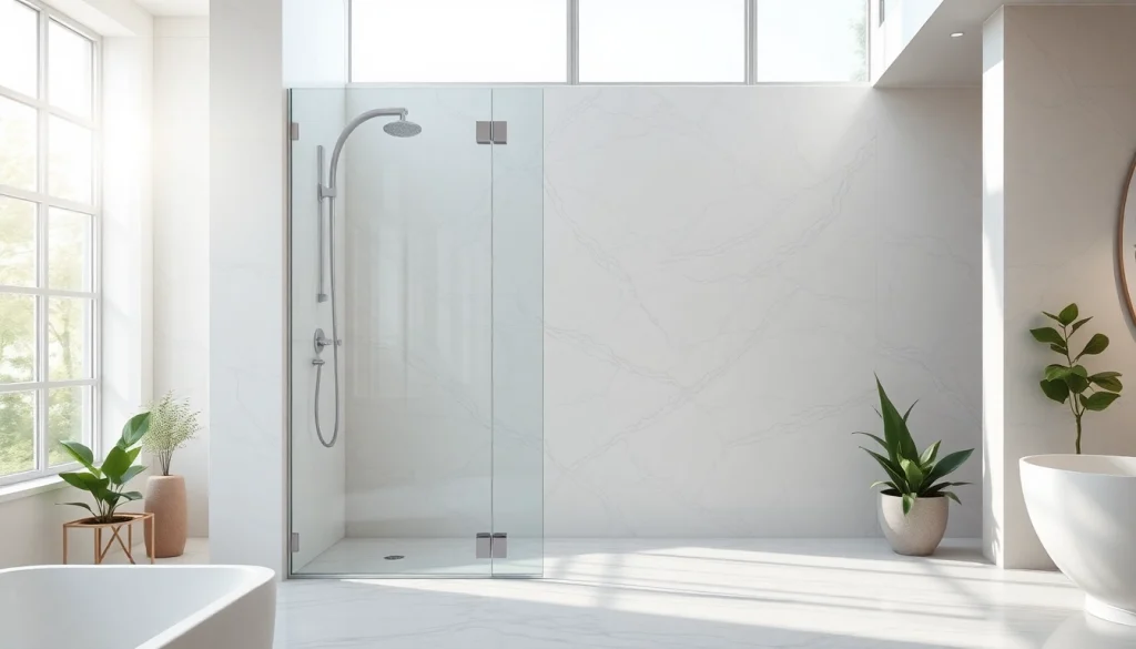 See stylish sunney shower doors complementing a luxurious bathroom with natural lighting and elegant decor.