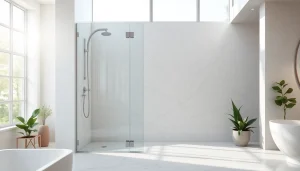 See stylish sunney shower doors complementing a luxurious bathroom with natural lighting and elegant decor.