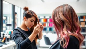 Hairstylist bucuresti applying vibrant hair color in a modern salon setting.