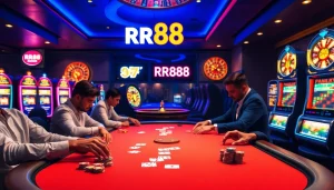 RR88 players enjoying an upscale casino experience with poker chips and cards.
