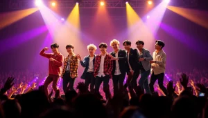 BTS members performing energetically on stage with colorful lights surrounding them.