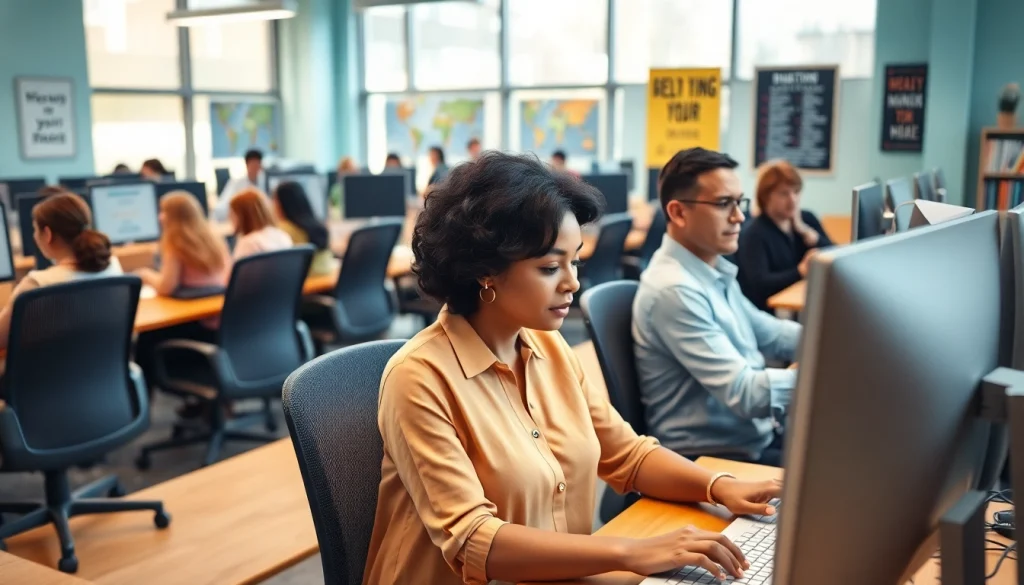 Engaged users at a dynamic typing center enhancing their skills in a professional setting.