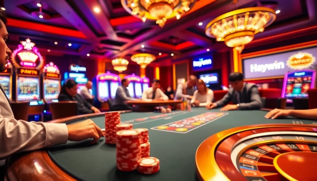 Experience thrilling gameplay at Haywin chính thức poker table with vibrant chips and glowing slot machines.